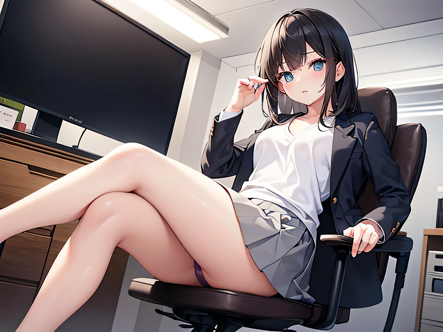 (Masterpiece, top quality, high resolution, realistic photo, realistic looking skin:1.1),
(Woman is sitting in office chair in desk with file drawers:1.5),
(She has her legs crossed and is lecturing me and you can almost see her panties: 1.8),
(She is expressionless: 1.5),
(She has a mature face:1.5),
(She is wearing a plain white T-shirt with a V-neck under a gray blazer and gray skirt setup: 1.8),
(Both of her legs are bare: 1.8),
(She is wearing the same pumps on both feet: 1.8),
(Panties are red lace with a pattern on them: 1.5),
(She has medium black hair:1.5),
(Location: office chair at position desk in office:1.5),
1 Japanese girl, solo, full bodied esbian, beautiful eyes, glowing eyes, glowing thighs, NSFW