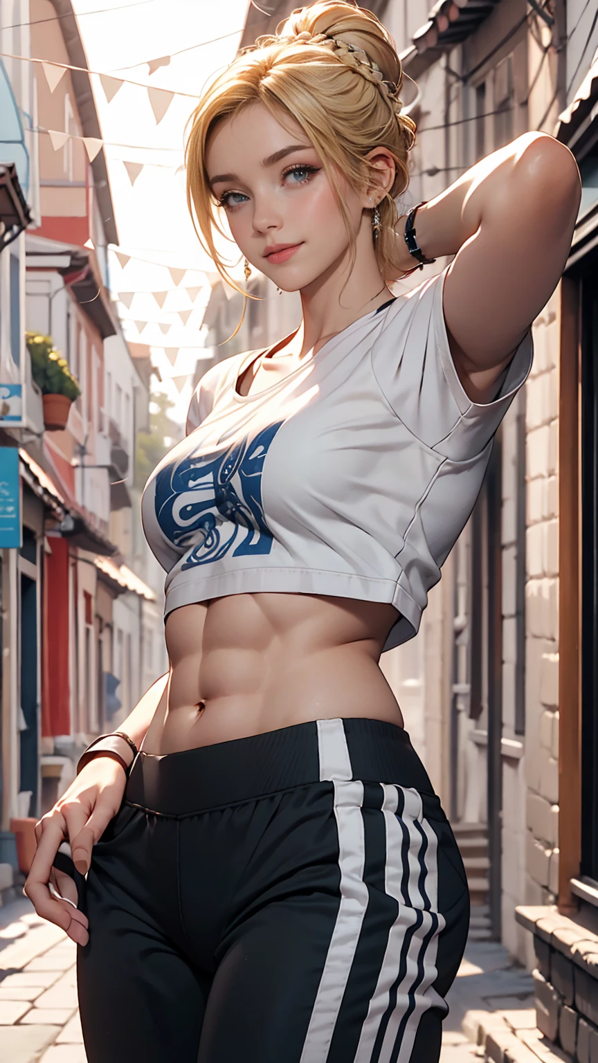 24 year old Caucasian female、hair color is blonde、Updo、Eye color is blue、A slim but muscular body、she&#39;She is wearing a T-shirt that shows her underboob.、Belly button sticking out、My abdominal muscles cracked、smile、In the intricate alleys of a traditional white-walled town on the Aegean coast、Wear a wristband、I&#39;man wearing low rise leggings、I&#39;Wearing running shoes