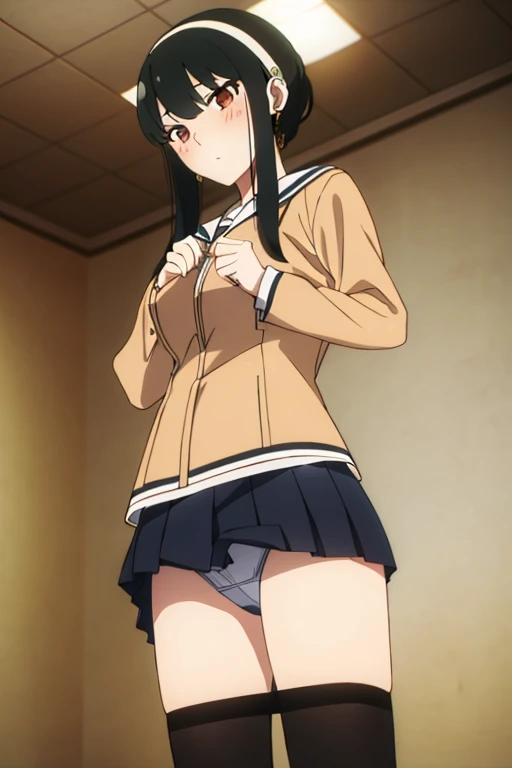 Browsing Caution，(masterpiece, highest quality: 1.2), alone, 1 girl, alone, panties，，black，Sailor suit，blazer，From below，((Skirt flip))，(((panties)))，your heather, かなりEmbarrassing，blush, View your viewers, Long black hair, head band,  Earrings, Big Breasts, Medium Waist, Medium Hips, wide thighs, Embarrassing, charm, Good move...., Excellent anatomy,panties，classroom，，Sailor suit，blazer，