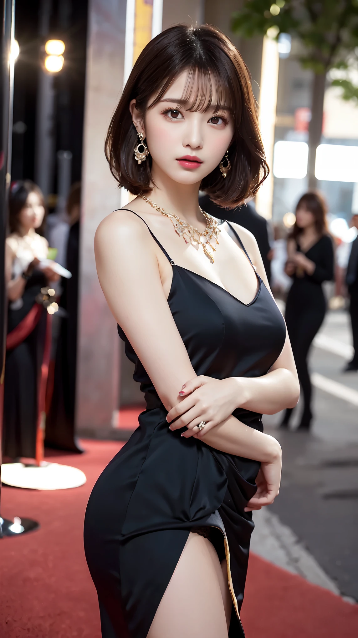 1 female, Beautiful Japanese actresses, Age 25, Double Eyes,mile, Detailed face, Big earrings，Large Necklace, Flashy makeup using red eyeshadow，light brown delicate middle cut hair，the tips of the hair are wavy，Classy hairstyle，fine grain,Slender actress, big breasts, valley, small hips, Side Bust Barbosa), Sexy silk embroidered mermaid dress:1.2), break long black hair, ((She lifted her dress to reveal her panties.、Tempting you)),BREAK ceremony, Red carpet, Official Art，Highly detailed CG Unity 8k wallpaper, (masterpiece:1.0),(highest quality:1.0), photo shoot, 8k, Browsing Caution, High resolution, Kodak Portrait 400, Film Grain, Lens flare brilliance,View Audience, View from the front