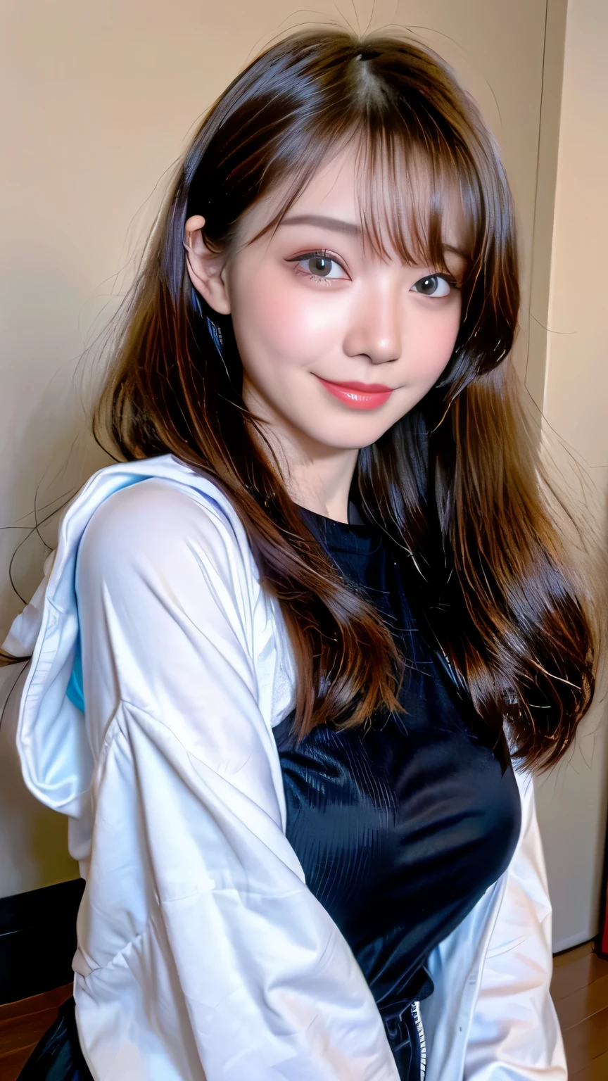 ((highest quality, 8K, masterpiece: 1.3)), concentrated: 1.2, Cute girl 1,nipples erect、Braless walk、 Perfect beauty: 1.4,hoodie: 1.2,Long sleeve、randal color、comics＆Text Graphics、Black ruffle-trimmed drawstring zip blouse,1.1, Highly detailed face and skin textures, Fine grain, double eyelid, whitening skin, ,highest quality,Ultra-high resolution,you,1 girl,alone,_Shiny_skin,Iris,necklace,((Brown_length_Wavy_hair)),(lips)),eyelash,Front hair,deal with,compensate,Shiny,pore,skin texture,big breasts、smiling face、living、