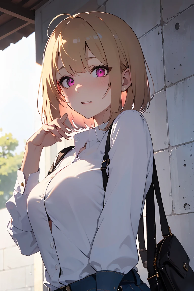 masterpiece, absurdres, best quality, ultra detailed, high Resolution, detailed illustration, bright colour, (extremely beautiful detailed face and eyes, Delicate beautiful face, 1 girl, cute face:1.3), (magenta eyes:1.1), sparkling eyes, big eyes, medium breasts, (perky breasts:1.1), (pointy breasts:1.1), medium hips, glamorous body, white skin, BREAK, long bob cut, (blonde hair:0.8), messy hair, detailed hair, shiny hair, BREAK (shirt:1.5), (vagina, rape:1.3), perfect lighting, (embarrassed:1.5), (ecstasy, vulgarity:1.5), (trembling:0.8), shoulder bag, paisura, strap between breasts,