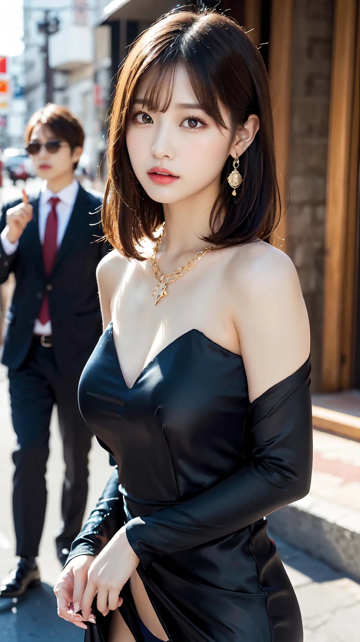 1 female, Beautiful Japanese actresses, Age 25, Double Eyes,mile, Detailed face, Big earrings，Large Necklace, Flashy makeup using red eyeshadow，light brown delicate middle cut hair，the tips of the hair are wavy，Classy hairstyle，fine grain,Slender actress, big breasts, valley, small hips, Side Bust Barbosa), Sexy silk embroidered mermaid dress:1.2), break long black hair, ((She lifted her dress to reveal her panties.、Tempting you)),BREAK ceremony, Red carpet, Official Art，Highly detailed CG Unity 8k wallpaper, (masterpiece:1.0),(highest quality:1.0), photo shoot, 8k, Browsing Caution, High resolution, Kodak Portrait 400, Film Grain, Lens flare brilliance,View Audience, View from the front