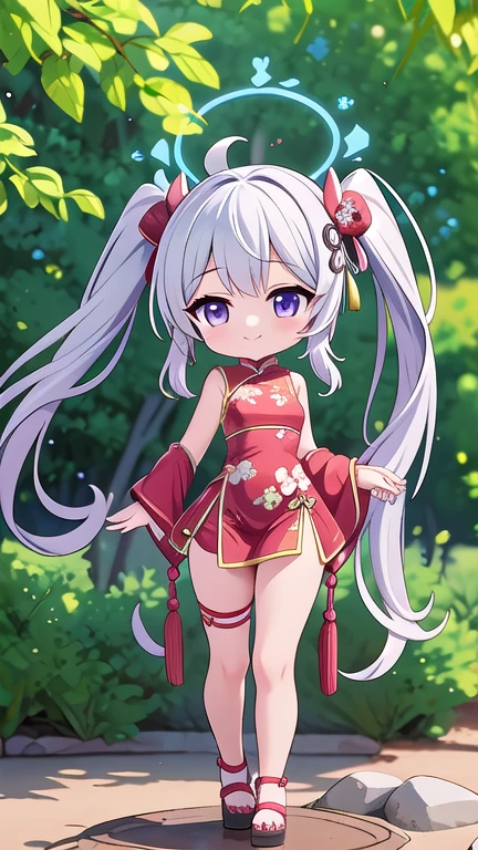 miyako_bluearchive, one girl with long twintail bun hair, skirtlift,looking at viewer, little smile,chinese dress, flower pattern, sleeveless, outdoor, festival, temple, slim, dizzy, big-chest, wide hips, perfect waist, day atmosphere, hair ornament, standing, full body,chibi