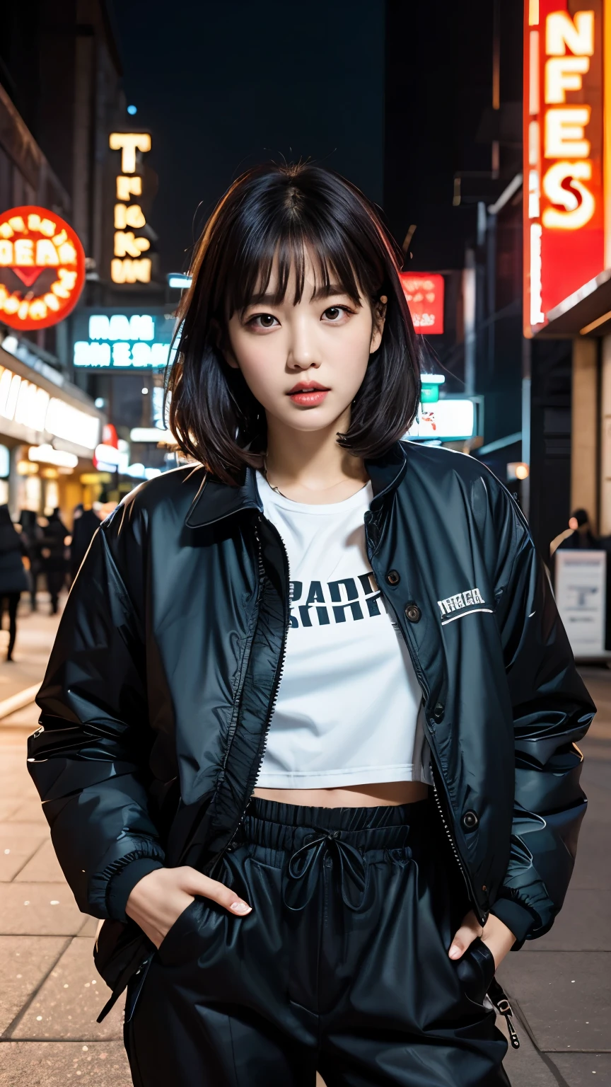 (Very fine eye), (((Fabric Shading))), (((highest quality))), (((masterpiece))) Saucy girl, (((Realistic))), Black Hair, Black Hair, Black Hair, Black Hair, chic hairstyle, ((medium bob with bangs, nice hair)), Red eyes, (((Retro-futuristic outfits))), ((Retro pose)), (((Game CG)) (nice, Saucy, It Girl), Fine Jewelry, In front of a theater building with an electronic neon sign, Strong night atmosphere, Has a strong retro feel, Cowboy Shot, Mid Shot, Centered Images, Focus on the camera, Black innerwear,Realistic Skin,Realistic texture,8k,whole body,17 years old,Korean women,彼女のBlack Hair, Medium Bob Cut,ruins,Red iris,Expressionless,(((He is wearing a big black down jacket. ))),(((Glaring))),Perfect Face,(((Big eyes))),He is wearing wide black tracksuit pants.,Mouth closed,Watching the audience,夜のruinsの前に女性が立っています, Roseanne Park from Blackpink, Trending on cgstation, Trending on cgstation, Black Pink's Joshi, portrait of aespaのウィンター