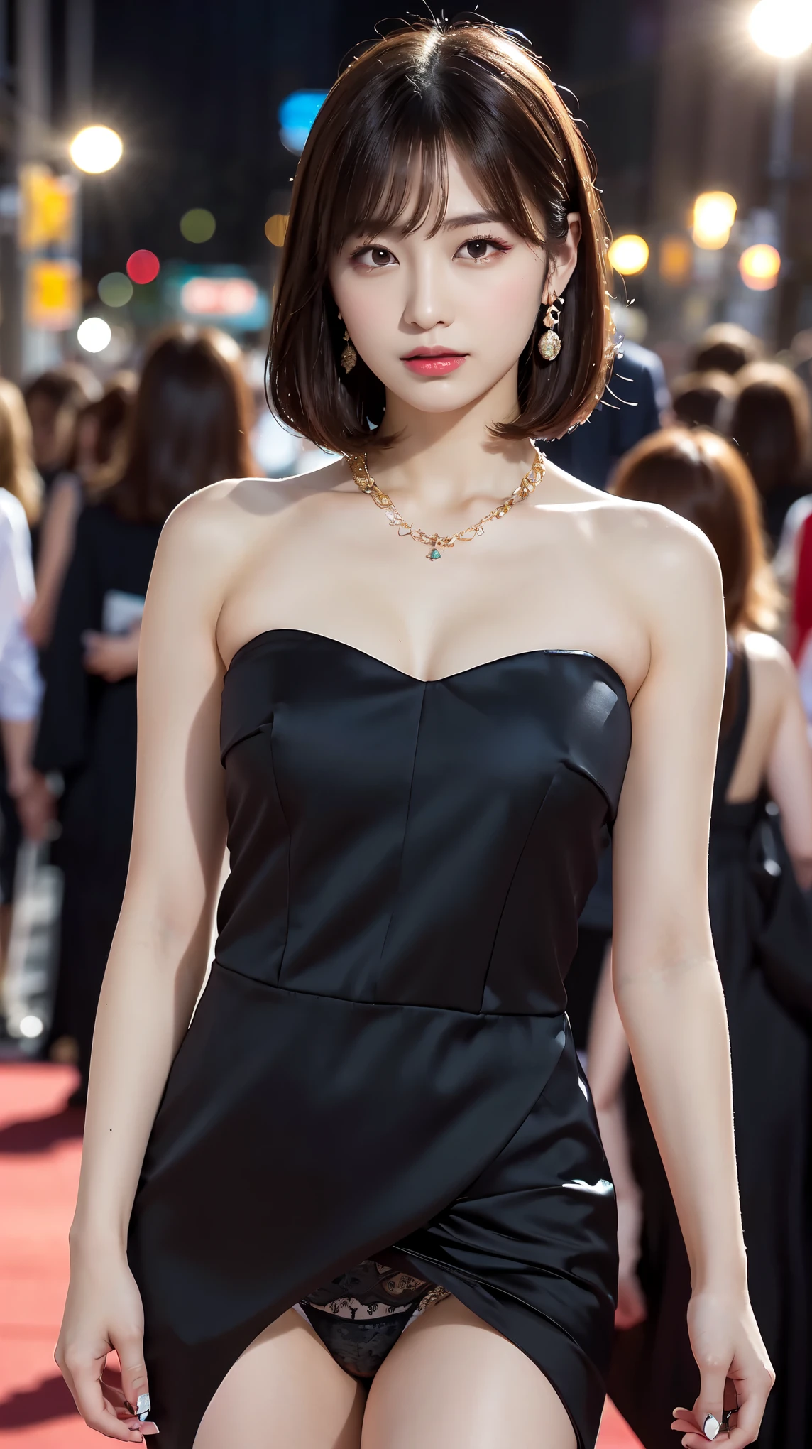 1 female, Beautiful Japanese actresses, Age 25, Double Eyes,mile, Detailed face, Big earrings,Large Necklace, Flashy makeup using red eyeshadow,light brown delicate middle cut hair,the tips of the hair are wavy,Classy hairstyle,fine grain,Slender actress, big breasts, valley, small hips, Side Bust Barbosa), Sexy silk embroidered mermaid dress:1.2), break long black hair, ((She lifted her dress to reveal her panties.、Tempting you)),BREAK ceremony, Red carpet, Official Art,Highly detailed CG Unity 8k wallpaper, (masterpiece:1.0),(highest quality:1.0), photo shoot, 8k, Browsing Caution, High resolution, Kodak Portrait 400, Film Grain, Lens flare brilliance,View Audience, View from the front