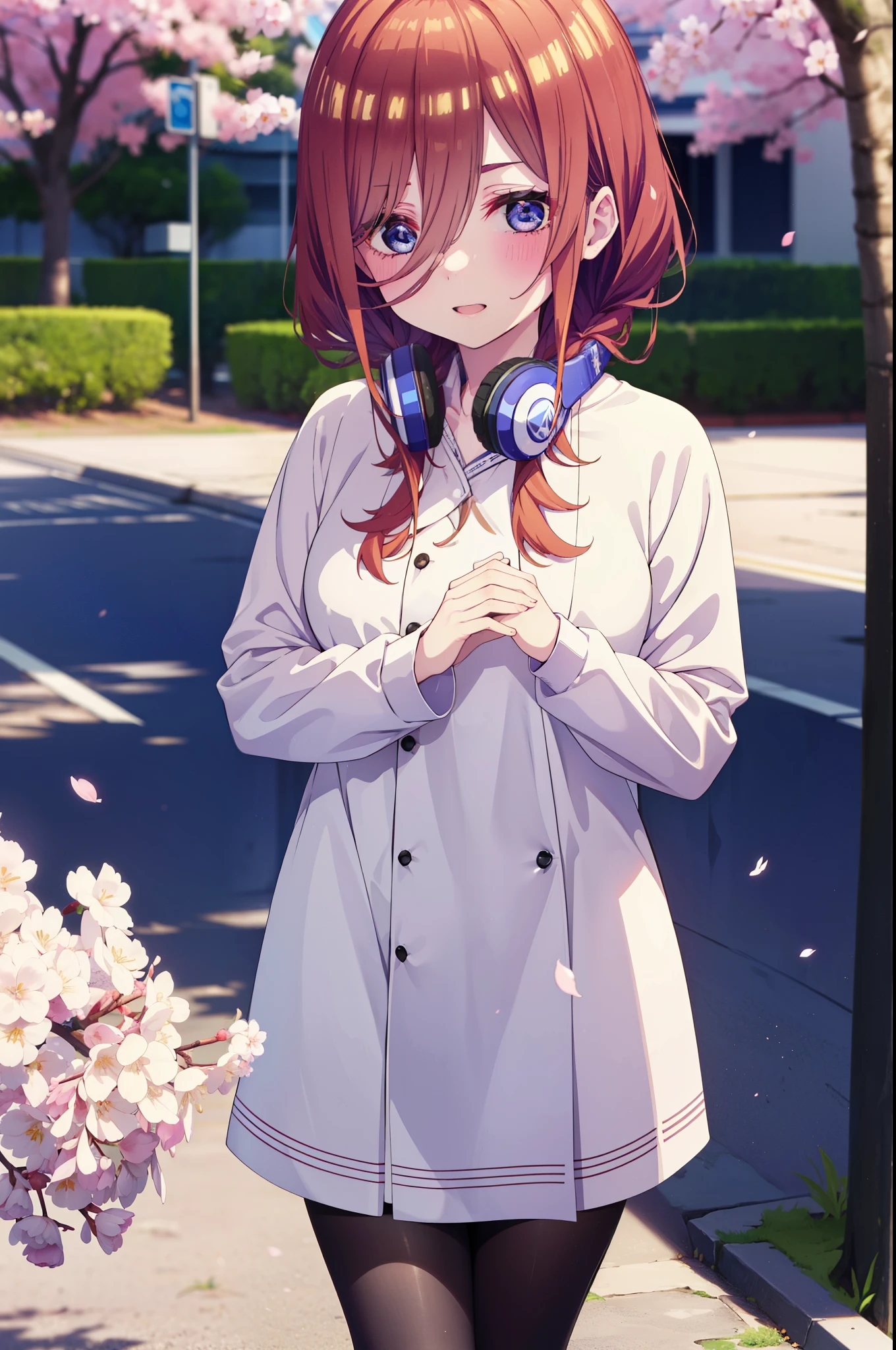 Miku Nakano, Miku Nakano, Long Hair, bangs, blue eyes, brown hair, shirt, Short braided hair,Headlock,White headband,Hair between the eyes, smile,blush,Open your mouth,Headphones around neck,オーバサイズチェック柄shirt,Shorts,Black pantyhose,short boots,Cherry blossoms are blooming,Cherry blossoms are scattered,Cherry blossom tree-lined path,whole bodyがイラストに入るように,
break outdoors, garden,
break looking at viewer,whole body, (Cowboy Shot:1. 5)
break (masterpiece:1.2), highest quality, High resolution, unity 8k wallpaper, (figure:0.8), (Beautiful fine details:1.6), Highly detailed face, Perfect lighting, Highly detailed CG, (Perfect hands, Perfect Anatomy),