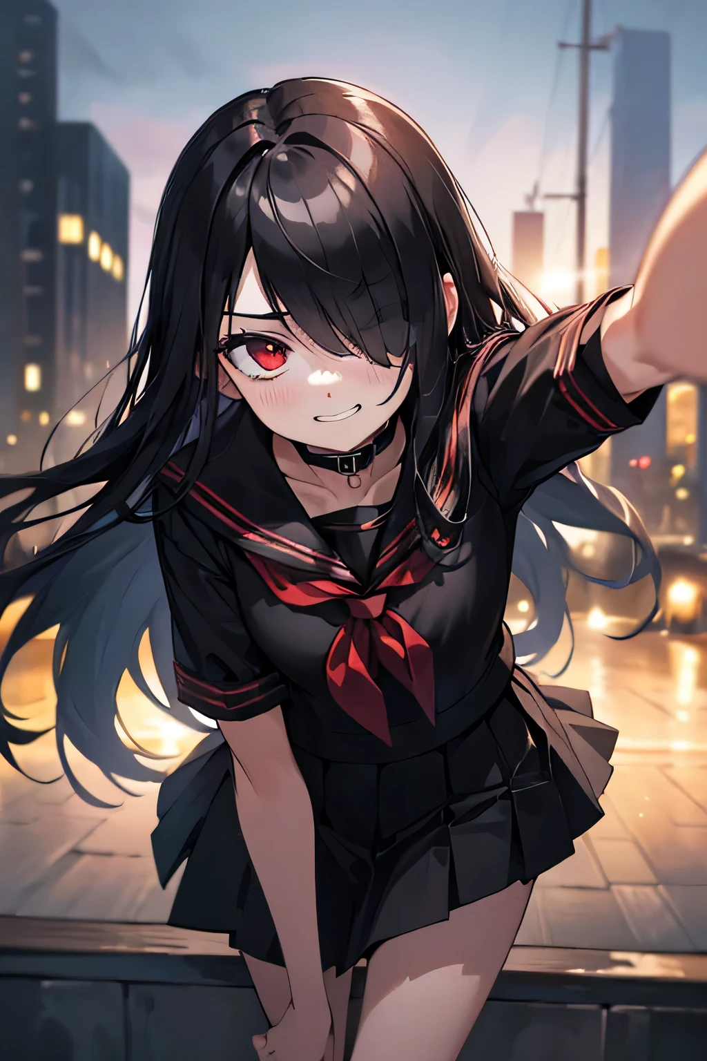 (8K, best quality, master piece: 1.2), super high resolution, depth of field, pure white official art, ((hair over one eye)), ultra-detailed face, detailed eyes,17 year old beautiful woman,Long eyelashes,red eyes,wearing black serafuku, (black:1.5), (abdomen), sailor suit, (big sailor collar), (black sailor collar), red tie , (black tops: 1.5),short sleeves, (Hem out), (black pleated skirt), shiny black hair,straight hair,biting lower lip, sultry look, seductive grin,nose blush,long hair,professional writing,point of view shot,Standing in a fighting position with legs spread wide,City