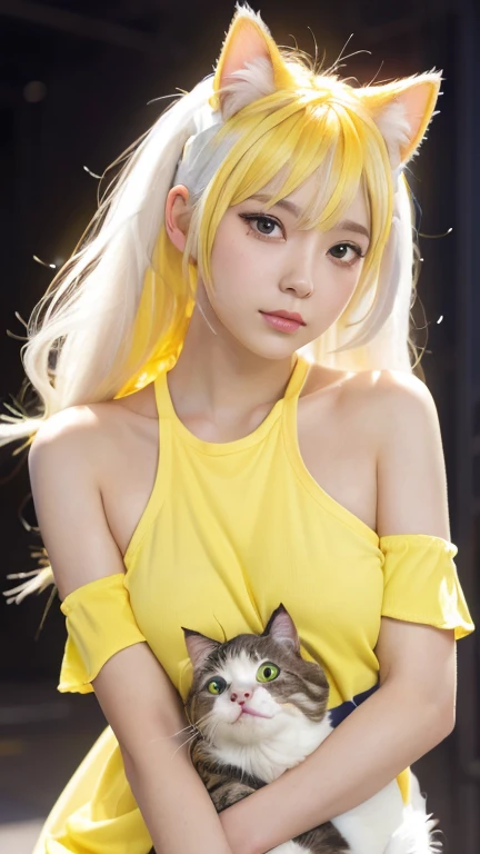 masterpiece, 4K, highest quality, Bokeh, Awareness-raising:1.4 ,1 perfect portrait of a girl, Colorful Hair, Colorful Hair, (yellow+White and soft hair:1.6), Grey Eyes,(Cat ear:1.3), Neon yellow background, Exposed bare shoulders, long-term alienation_sleeve, Lean forward slightly, shy, Tilt your head ,Cinema Lighting,Larger clothes, (seductive pose:1.3),