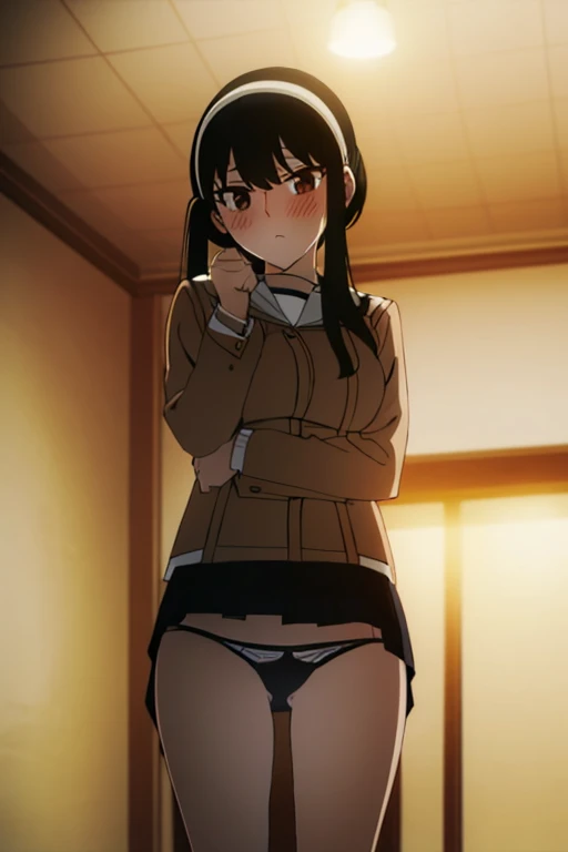 Browsing Caution，(masterpiece, highest quality: 1.2), alone, 1 girl, alone, panties，，black，Sailor suit，blazer，From below，((Skirt flip))，(((panties)))，your heather, かなりEmbarrassing，blush, View your viewers, Long black hair, head band,  Earrings, Big Breasts, Medium Waist, Medium Hips, wide thighs, Embarrassing, charm, Good move...., Excellent anatomy,panties，classroom，，Sailor suit，blazer，