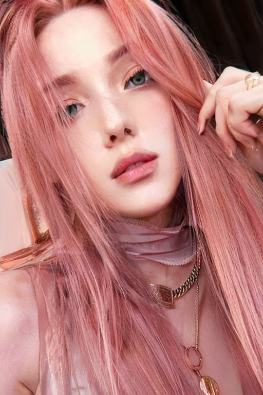 young woman, short shoulder-length pink hair, wide forehead, porcelain skin, pink eyebrows, big emerald green eyes, buttoned nose, full lips, heart-shaped face, slender body, small breasts, red tank top, Sakura Haruno , realistic, realism, details, 3d, well detailed
