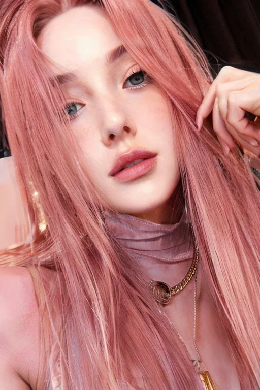 young woman, short shoulder-length pink hair, wide forehead, porcelain skin, pink eyebrows, big emerald green eyes, buttoned nose, full lips, heart-shaped face, slender body, small breasts, red tank top, Sakura Haruno , realistic, realism, details, 3d, well detailed
