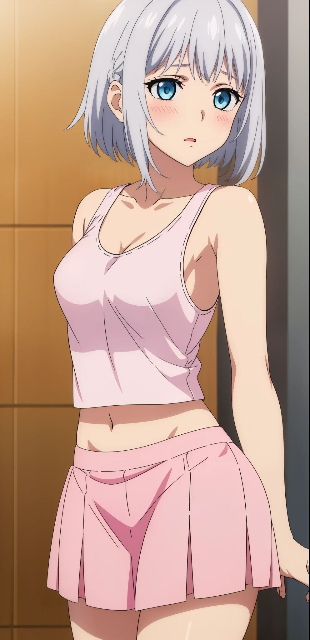 1 girl, kanon kanase, blush, medium breasts, sleeveless,( pink cropped tank top, pink short skirt), cowboy shot, 20-year-old, healthy skin, blushed, (silver hair, blue eyes).