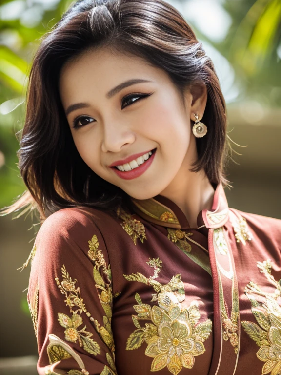 (Best quality, high resolution, Masterpiece: 1.3), a beautiful woman with a slender figure, (dark brown layered hairstyle), wearing a pendant, ((kebaya_bali)) outdoors, scenic beauty, lakes and mountains in distant background, details in face and skin texture beautifully rendered, details eyes, (best quality, high resolution, masterpiece: 1.3), a beautiful woman with a slim figure, (dark brown layered hairstyle),((kebaya_bali)), outdoors, background random, details in face and skin texture beautifully rendered, detail eyes, double eyelids, seductive laugh, feminine laugh, seductive pose, full body