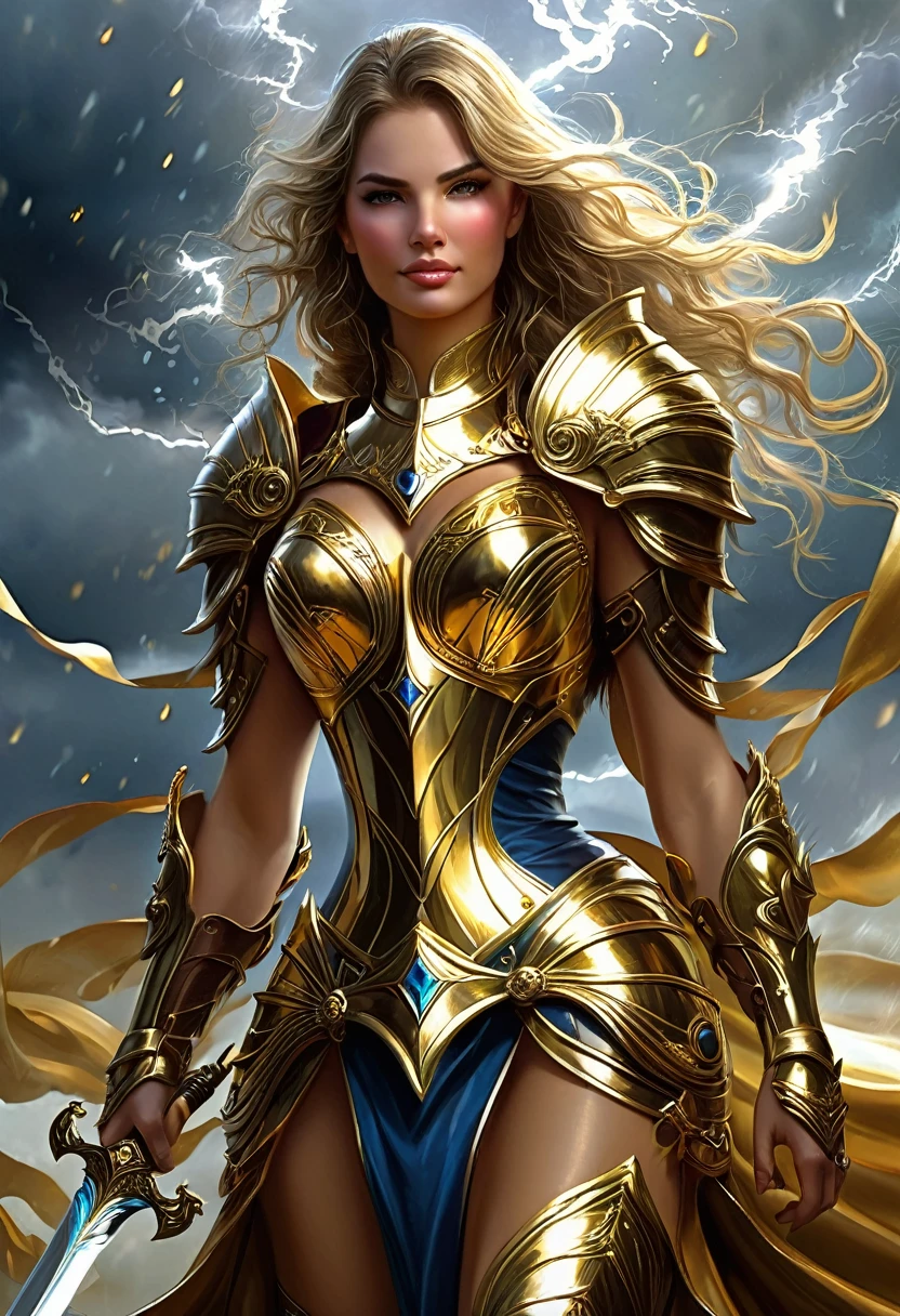 Mujer con un vestido dorado, True art station, Sitio de tormenta, detailed fantasy art, impresionante arte de personajes, Hermoso y exquisito arte de personajes., hermosa armadura dorada, extremadamente detallado, Chica con armadura brillante, Exquisitos tocados y joyas, Captura de cuerpo completo
