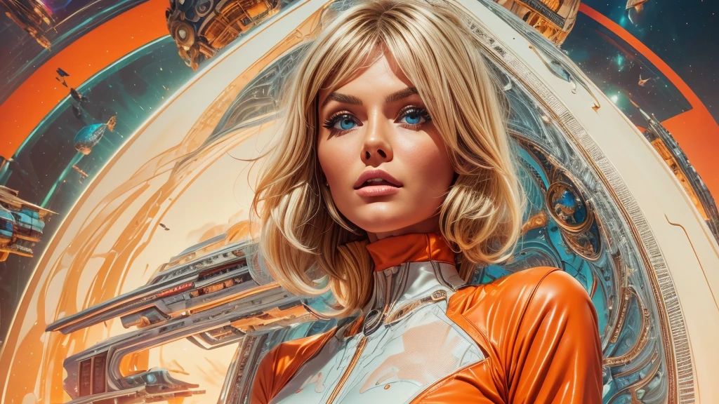 arafed image of a white woman in a futuristic suit with a spaceship in the background, movie art, in front of an orange background, inspired by Robert McGinnis, female protagonist, megastructure in the background, portrait of an ai astronaut, astronauts, an astronaut, portrait of a astronaut skeletor, perfect android girl, detailed eyes, perfectly detailed teeth, frank franzzeta and sakimichan