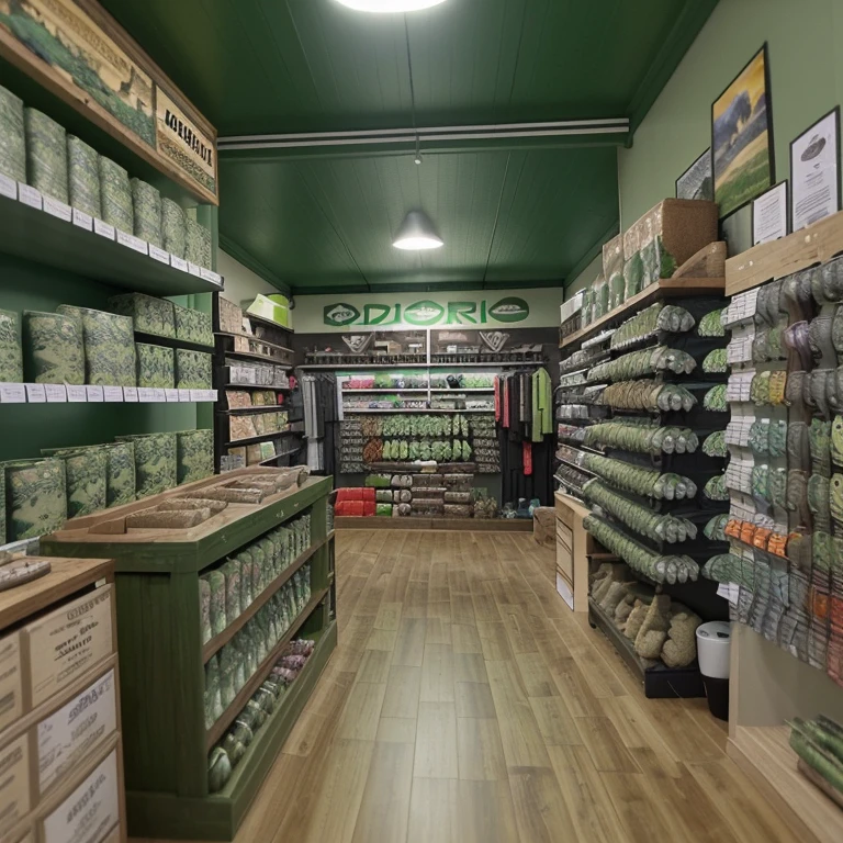 Loja de pesca na cor verde escuro, a loja e brasileira tem o nome Adventure, a loja tem varas de pesca esportiva, hunting and camping accessories and animal feed, the store is not very big