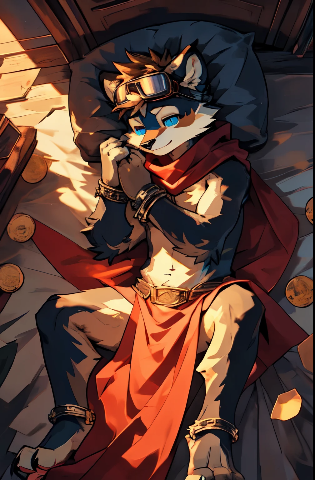 top quality, soft color, Vintage images, highres, paid reward available, High-quality illustrations, unparalleled masterpiece, (furry anthro:1.7)absurdres(highly detailed beautiful face and eyes)perfect anatomy, expression, caustics, dynamic lighting, lens flare, deep shadow, dynamic angle, masterpiece, high quality, hi res, solo, Furry, teenccoon, spiked brown hair only on head, red scarf, blue eyes, goggles, chain harness, Black loincloth, red cape, masterpiece, detail body, fur all over body, detailed face, detailed eyes, detailed hands, Skinny, claws, high resolution, metal cuffs on wrists, metal cuffs on ankles, no shirt, no underwear, sleeping, bed