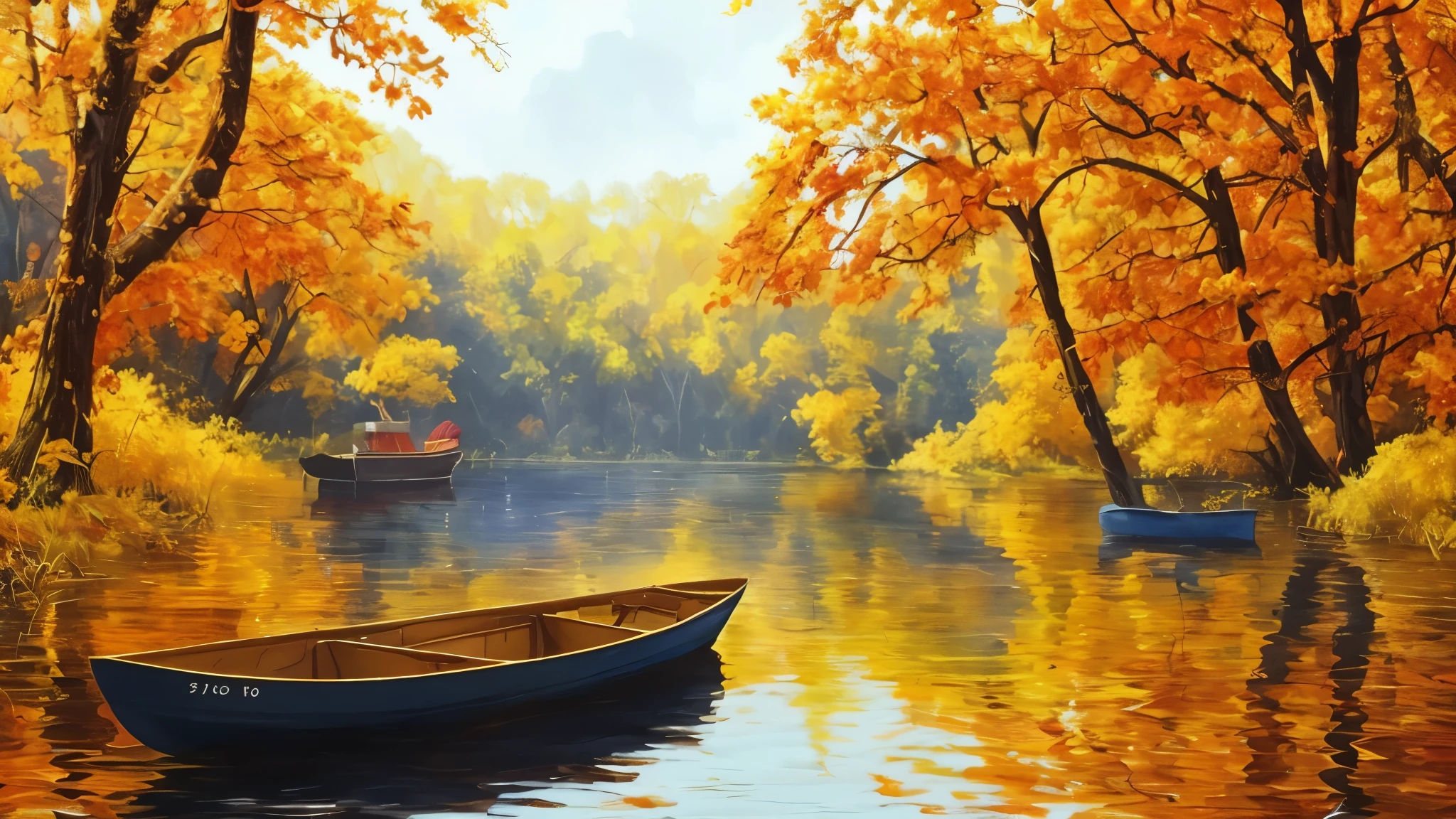 painting of a boat in a lake surrounded by trees with yellow leaves, vibrant gouache painting scenery, artwork, painting of beautiful, beautiful oil painting on canvas, colorful oil painting, tranquil scene, beautiful painting, autumn, golden autumn, oil painting in a modern style, peaceful landscape, beautiful high resolution, beautiful landscape, beautiful oil matte painting, beautiful digital painting