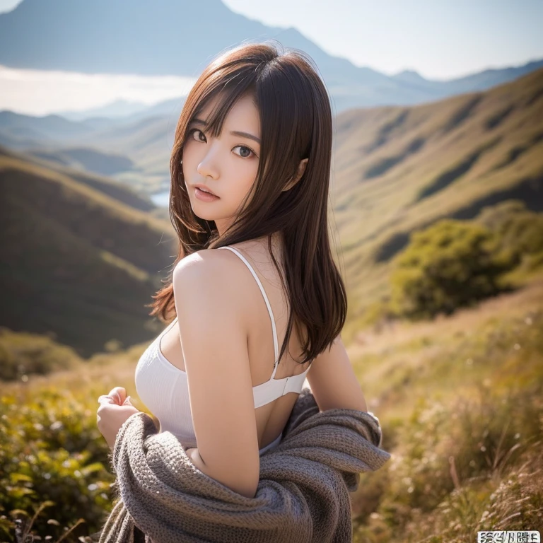 A westerner woman, (drooping eyes, round face), ecstasy, smiling, outside, mountain, (old casual dress) with various pattern, (showing off dark pubic hair, spread legs), unbuttoned, sitting stone bollard in deep grass field, farm, (windy), angle from below, light brown hair,