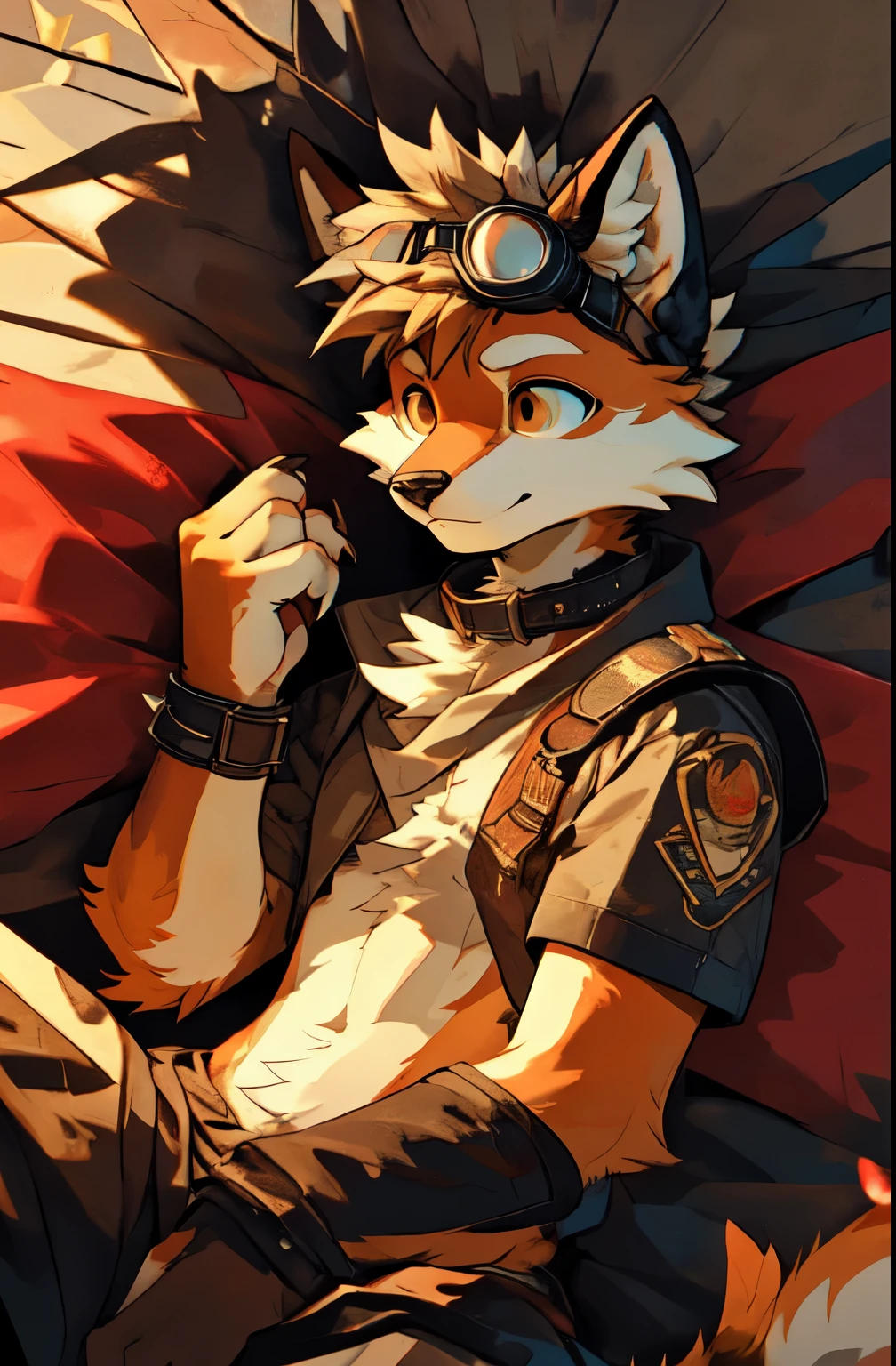 top quality, soft color, Vintage images, highres, paid reward available, High-quality illustrations, unparalleled masterpiece, (furry anthro:1.7)absurdres(highly detailed beautiful face and eyes)perfect anatomy, expression, caustics, dynamic lighting, lens flare, deep shadow, masterpiece, high quality, hi res, solo, age Furry, teend fox, spiked brown hair only on head, collar, brown eyes, goggles, Black loincloth, green scarf, elbow pads, knee pads, masterpiece, No muscles, Detailed hands, detailed face, detailed eyes, detailed body, Flat body, Skinny, claws, high resolution, metal cuffs on wrists, metal cuffs on ankles, no shirt, no underwear, sleeping, bed