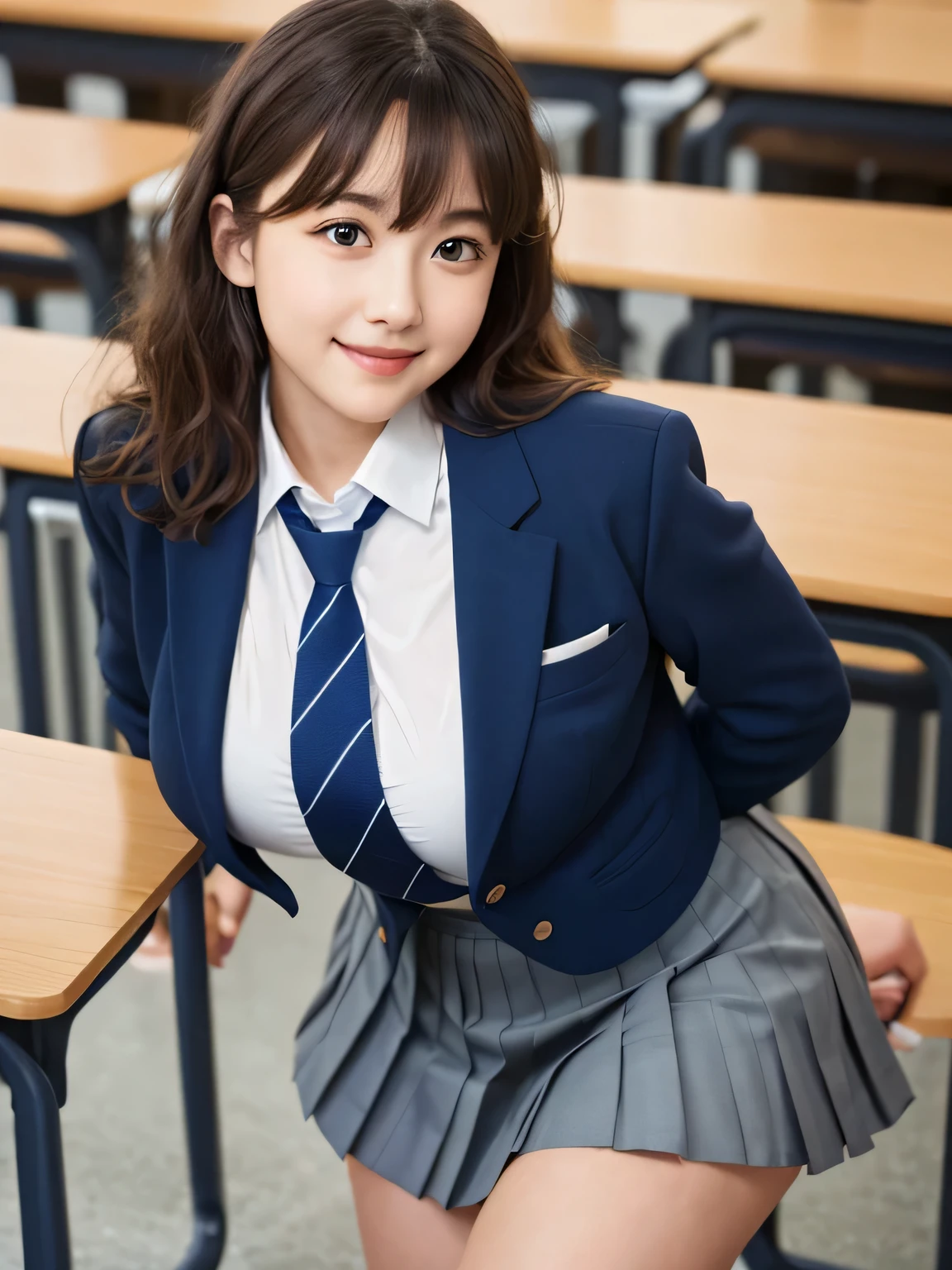 8k, highest quality, The true picture, Intricate details, Very detailed, Ultra-high resolution, Depth Field,(Realistic,Realistic:1.2), From the side, Very beautiful 17 year old girl, Big eyes, Beautiful breasts:1.5、Very detailedな目:1.2), (Beautiful breasts:1.1), (Large Breasts), Wavy Hair、Curly Hair、bangs, Perfect Skin, Fair skin, (Big Hips:1.3), (Thick thighs:1.3), (Thick legs:1.3), Tight waist, Slightly reddish, alone, Looking at the audience, (smile:1.1), ((School_uniform),(Dark Blue Blazer), (White shirt、Wear a tie), (Grey pleated skirt), (Sculptural installation :1.1), break, (During class:1.2), in a high school classroom, taking a seat