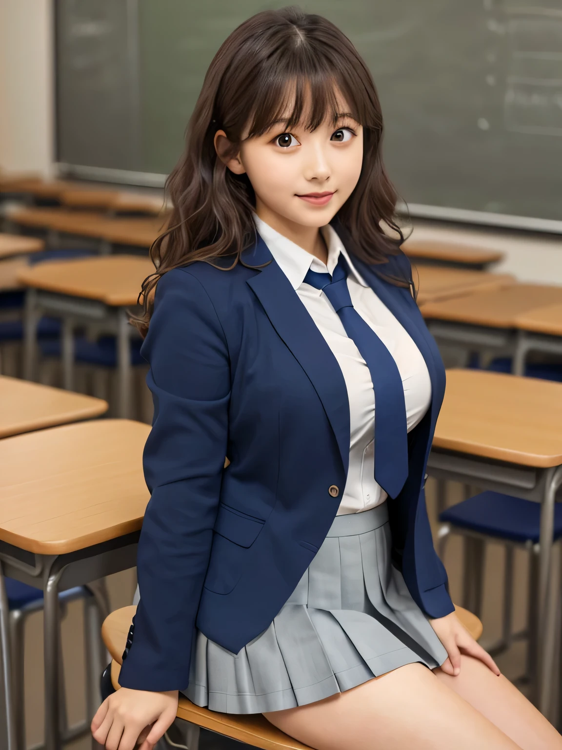 8k, highest quality, The true picture, Intricate details, Very detailed, Ultra-high resolution, Depth Field,(Realistic,Realistic:1.2), From the side, Very beautiful 17 year old girl, Big eyes, Beautiful breasts:1.5、Very detailedな目:1.2), (Beautiful breasts:1.1), (Large Breasts), Wavy Hair、Curly Hair、bangs, Perfect Skin, Fair skin, (Big Hips:1.3), (Thick thighs:1.3), (Thick legs:1.3), Tight waist, Slightly reddish, alone, Looking at the audience, (smile:1.1), ((School_uniform),(Dark Blue Blazer), (White shirt、Wear a tie), (Grey pleated skirt), (Sculptural installation :1.1), break, (During class:1.2), in a high school classroom, taking a seat