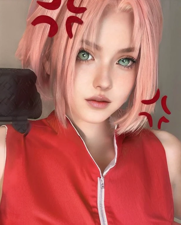 young woman, short shoulder-length pink hair, wide forehead, porcelain skin, pink eyebrows, big emerald green eyes, buttoned nose, full lips, heart-shaped face, slender body, small breasts, red tank top, Sakura Haruno , realistic, realism, details, 3d, well detailed
