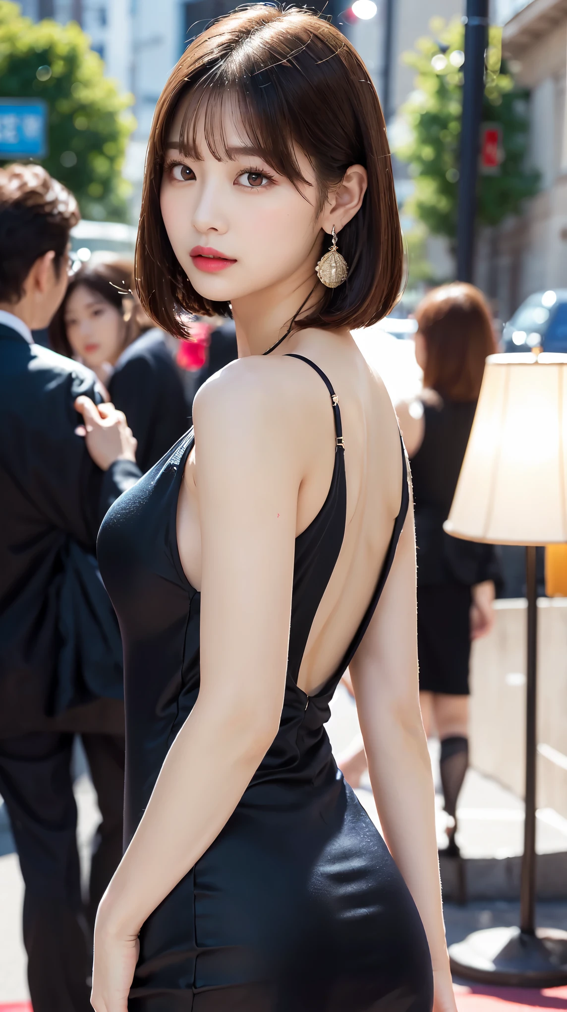 The 8k quality、Top image quality、超A high resolution、masterpiece、Photorealsitic、1 girl in、tense look、Trendy makeup、bob cuts、Trendy Fitted Dresses、ciinematic light、The protagonist、the chaos、Super Slender、D-cups、Do not wear underwear、in a crowd of people、Number of people who are about to be crushed、Dynamism、Magic Hour、Beginning of the story、Magazine covers、Focus only on the main character、The best looks in the world