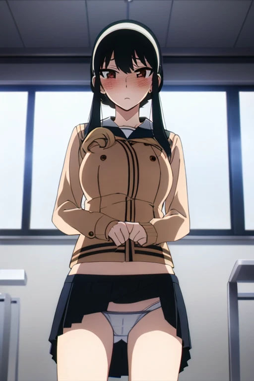 Browsing Caution,(masterpiece, highest quality: 1.2), alone, 1 girl, alone, panties,,black,Sailor suit,blazer,From below,((Skirt flip)),(((panties))),your heather, かなりEmbarrassing,blush, View your viewers, Long black hair, head band, Earrings, Big Breasts, Medium Waist, Medium Hips, wide thighs, Embarrassing, charm, Good move...., Excellent anatomy,panties,classroom,,Sailor suit,blazer,