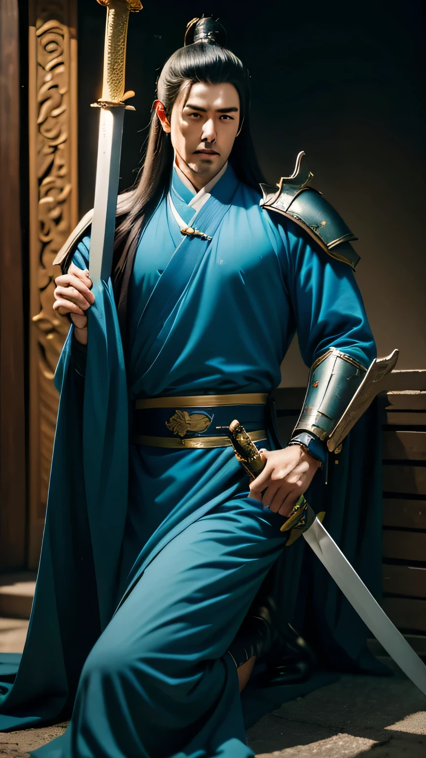 A man in blue-green clothing、Man with sword, ((((Holding a long sword)))),heise jinyao, zhao yun, xianxia hero, Full body martial arts, bian lian, guan yu, inspired by Guan Daosheng, Inspired by Huang Shen, Inspired by Zhao Yuan, Inspired by Hong Ren, hua cheng, With a big sword, photo of adult male warrior