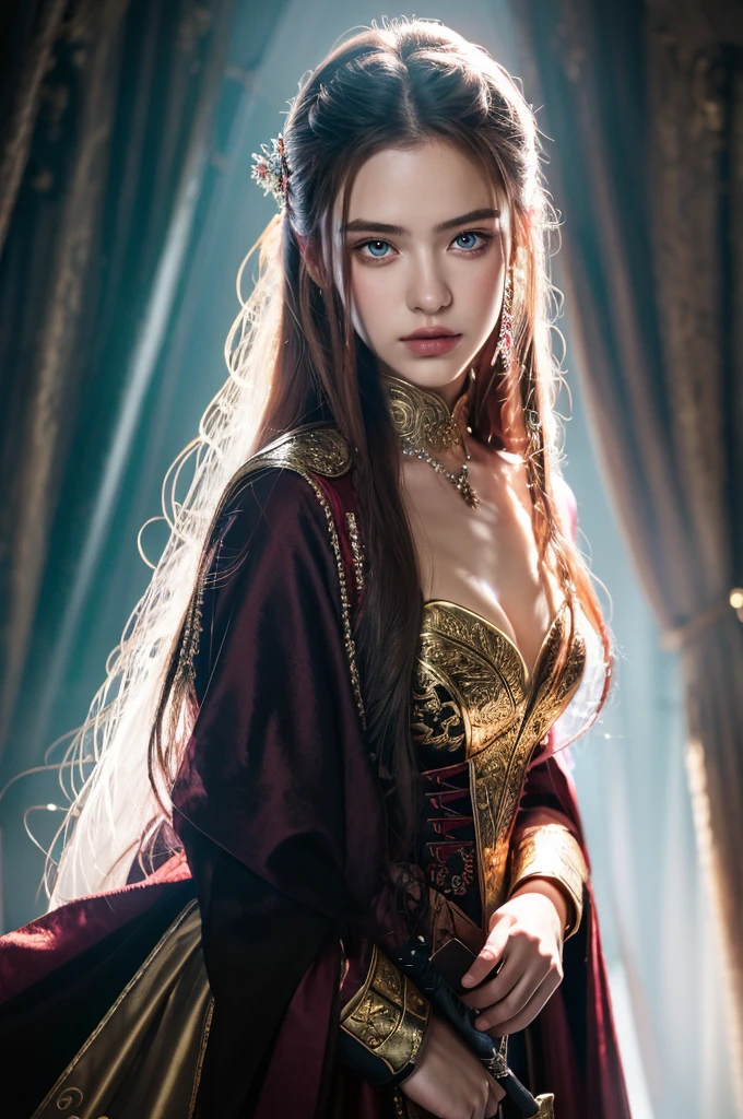 ( masterpiece, top quality, best quality,8k, girl,ultra detailed,raw photo:1.5),(photorealistic:1.4),(cinematic lighting), PerfectNwsjMajic, , Surrealism, UHD, ccurate, Super detail, textured skin, High detail, Best quality, dynamic angle, (high nose,White skin),[Beautiful blue eyes],[flat chest:large breasts:0.5],(1girl),(good anatomy:0.5)),a woman in a dress with a sword, a beautiful fantasy empress, ((a beautiful fantasy empress)), beautiful fantasy maiden