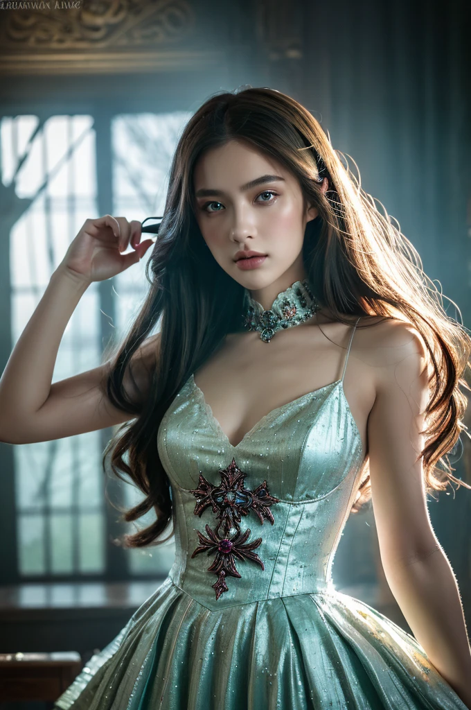 ( masterpiece, top quality, best quality,8k,17 years old girl,ultra detailed,raw photo:1.5),(photorealistic:1.4),(cinematic lighting), PerfectNwsjMajic, , Surrealism, UHD, ccurate, Super detail, textured skin, High detail, Best quality, dynamic angle, (high nose,White skin),[Beautiful blue eyes],[flat chest:large breasts:0.5],(1girl),(good anatomy:0.5)),a woman in a dress with a sword, a beautiful fantasy empress, ((a beautiful fantasy empress)), beautiful fantasy maiden