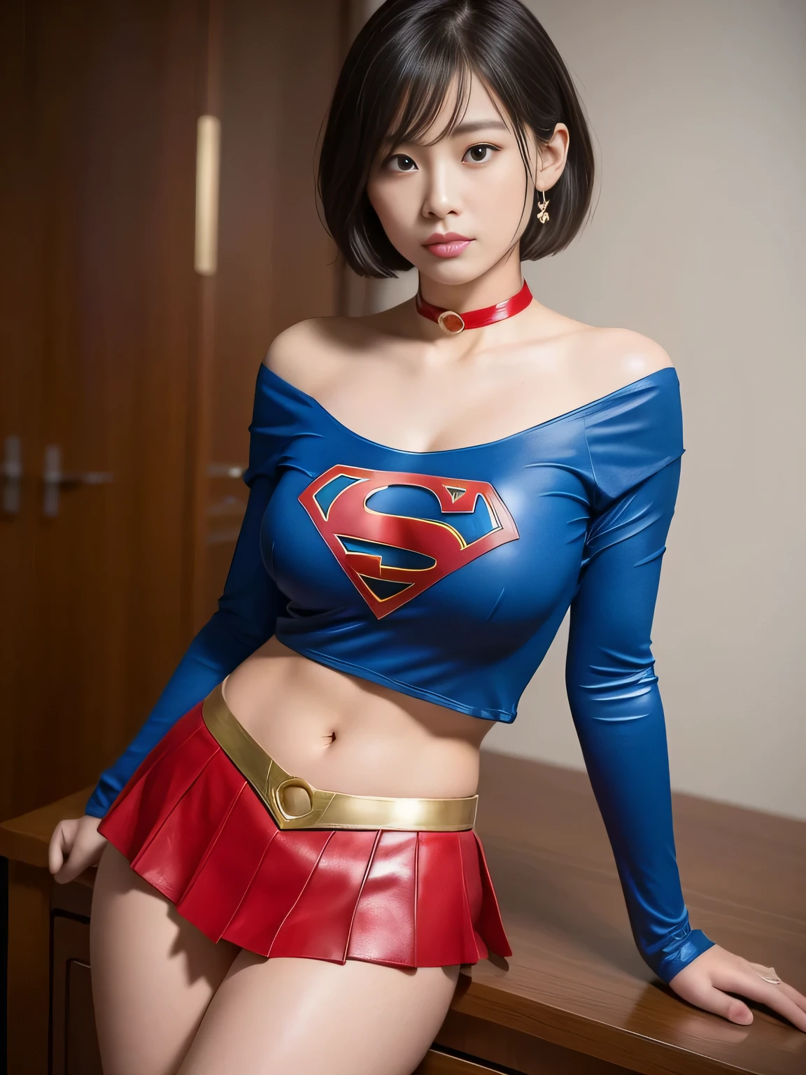 masterpiece、Supergirl Costume、short hair、barefoot、Big and ample breasts、Research Room、operating table、oil massage、Oily Skin、Shiny、Look at the camera、Sexy poses to seduce、Model Body Type、choker、Long sleeve、Red mini skirt、Cowgirl、Estrus、Sweaty、Radical、Off the shoulder、Alluring、charm、Enchanting、Fascinating、abused、Wild、