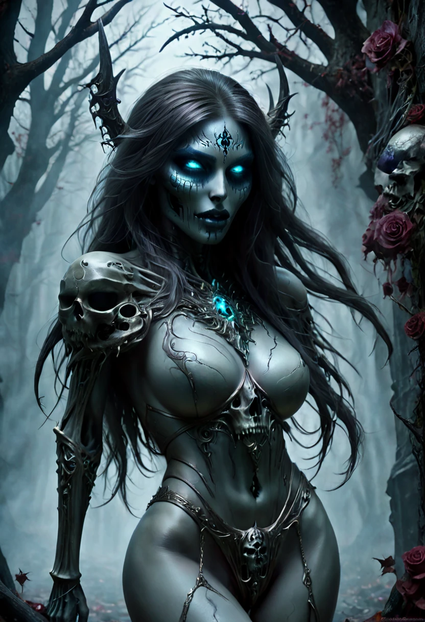 True death, death invarnate, skeletal face, undead head, gorgeous seductive body, seductive pose,