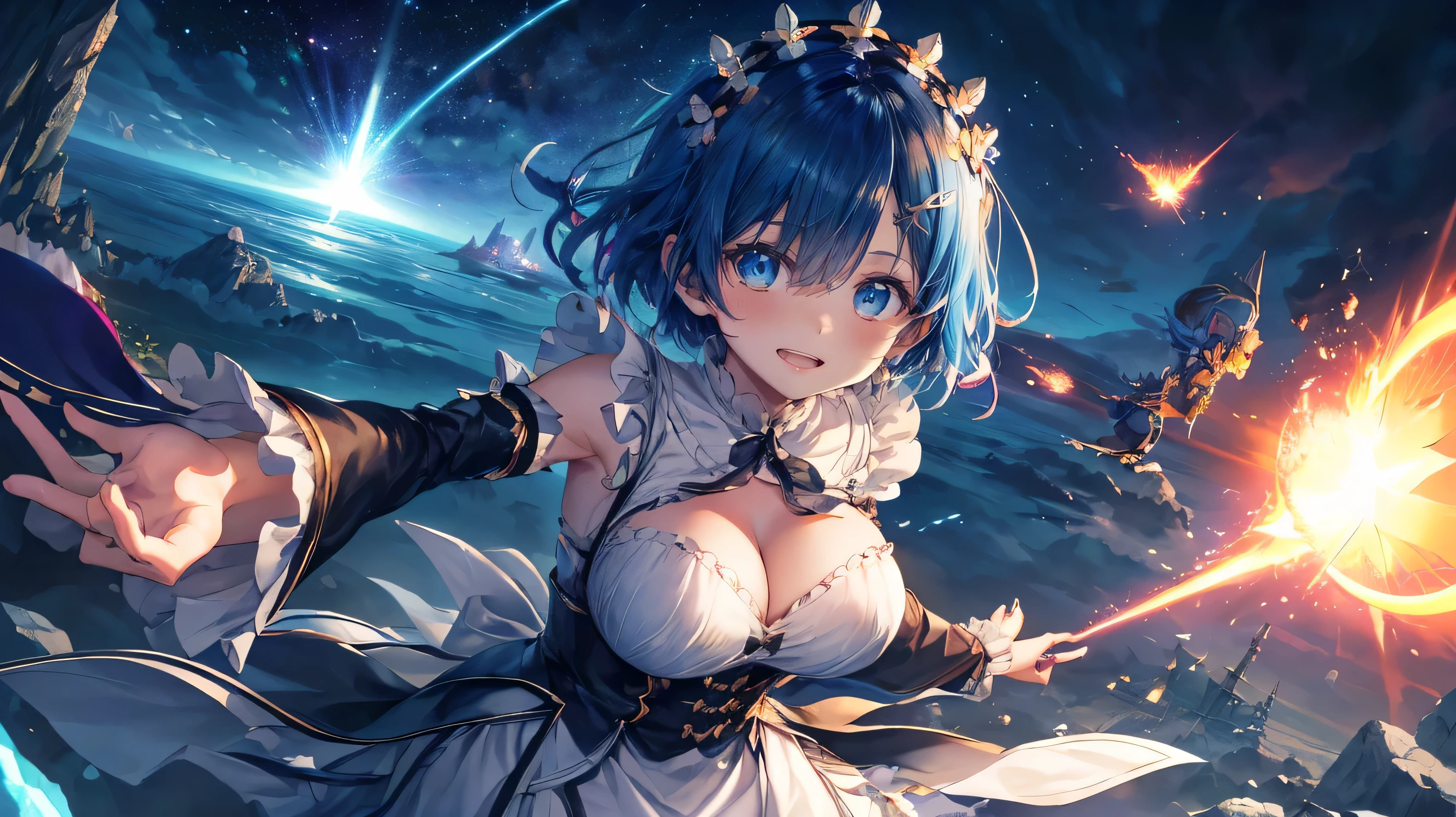 Ultra HD、(masterpiece)、[3Dimage:1.15],Attractive eyes、The smile is very cute、[[Detailed eyes、Colorful eyes、Shining Eyes:1.15]]、Blue Hair、skirt,Best Anime 4K Konachan Wallpaper, Anime Style 4k,Anime Moe Art Style、Cowboy Shot,8Ｋimage、(highest quality:1.2)、(Facial details:1.2)、masterpiece、Ultra-precision、Best image quality, blush, highest quality, Perfect lighting, One Girl, skirt, Middle Breath、、large breasts with good shape、The right eye is hidden by hair、smile、((Fully exposed cleavage))、(((Browsing Caution:1.32))),,,(Very short hair),(whole body,(Loli A:1.3),,whole body,(cute), (cute girl), (high school girl), Long Hair,, Magical girl,
city, storm, many layers, Bahamut, final battle, universe, forever, meteor,
Cinema Lighting, Depth of written boundary, vapor, Detailed light, Dynamic Angle,
Detailed Description, Very detailed, Super detailed, Best Shadow,
Jumping, running, Combat Stance, Multiple arrows flying in the same direction,
Attack combat mode, holding Magical girlの杖, gripping Magical girlの杖, A huge magic circle in the air,
floating, debris, Dust, Shi Feng, ice effect, Flare Array, Magical girlの杖,