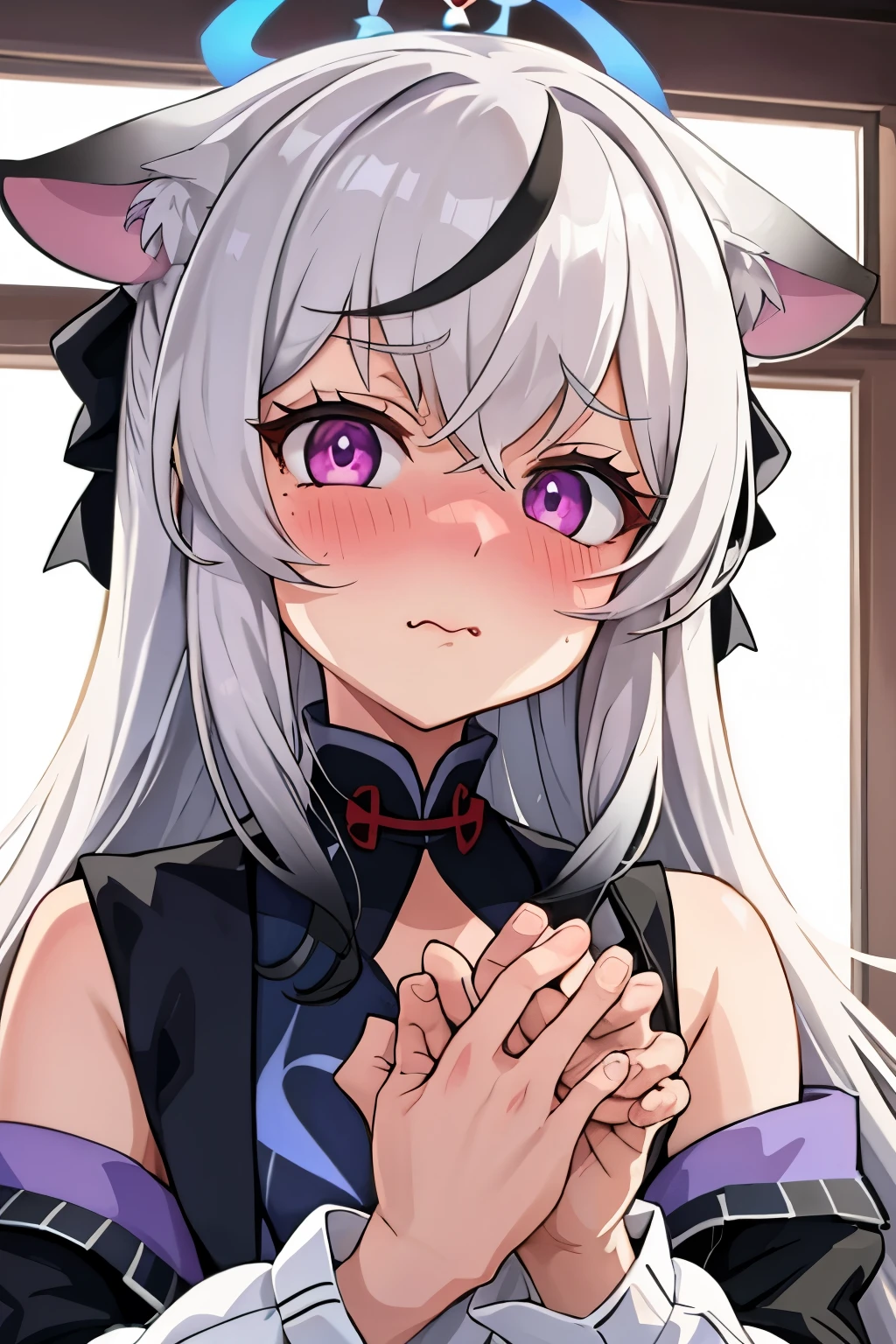 1girl, kokona, indoors, purple eyes, white hair, :3 mouth, embarrassed, beautiful eyes, beautiful lips, shiny lips, extremely detailed eyes and face, long eyelashes, close-up, warm lighting, vibrant colors, looking at the viewer, embarrassed look, blush, Winter suit, winter wonder