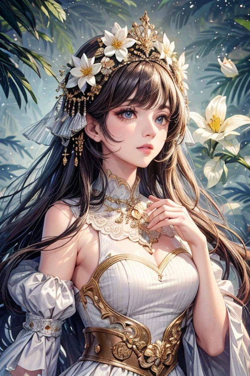 (highest quality,8k,CG),Upper body details,Lonely Girl,Floral forest background,Complex facial features,Elegant long curly hair,large almond-shaped eyes,,Detailed eye makeup,Long eyelashes,Twinkling Star,Exquisite lip detail,Soft and harmonious style.