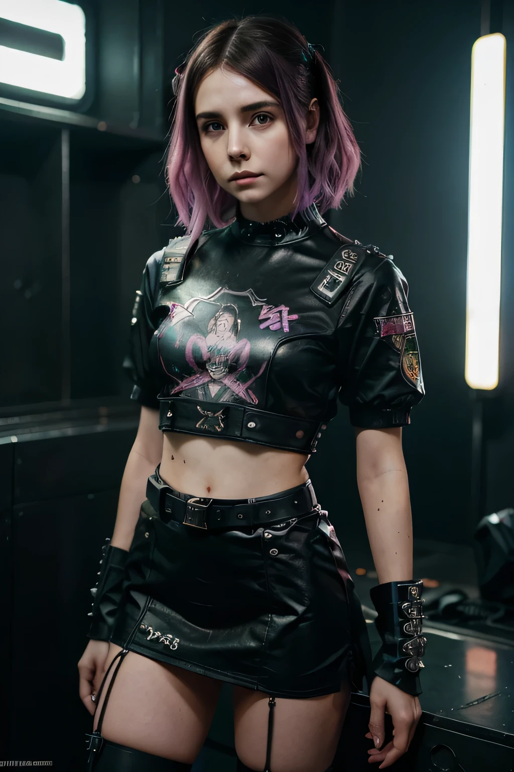 ((Mckenna Grace)) con falda y camisa con el pelo puntiagudo., arte cyberpunk inspirado en Ayami Kojima, tendencia en CGSociety, gothic art, vestido con ropa punk, vestido con ropa crustpunk, wearing a traje punk, traje punk, vistiendo ropa punk, cyberpunk 2 0 years. o model girl, traje estilo cyberpunk, cybertraje punk