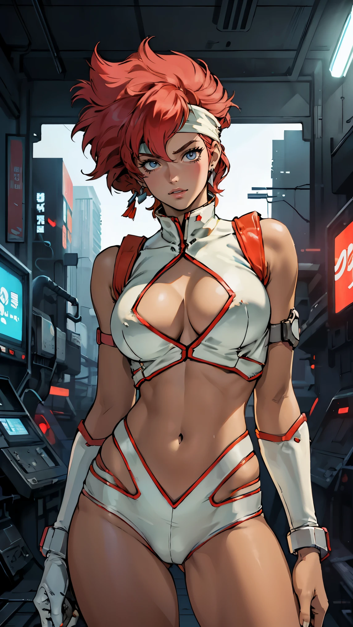 ((Masterpiece, highest quality; 1.3)), super quality, beautiful detail, super detailed, extra fine, 16K, exquisite, absurd, high resolution, beautiful background, detailed background, beautiful eyes, beautiful skin, anime style, Kay from Dirty Pair in a white outfit, tight outfit, cleavage, bushy redhead beauty, very light blue uniform, wearing tight clothes, skimpy, (mid chest: 1.2), cleavage, cleavage, , slim waist, slim thighs, thigh gap, showing stomach, skinny, thin hips, cyberpunk city background, retro space gun holding, headband, 