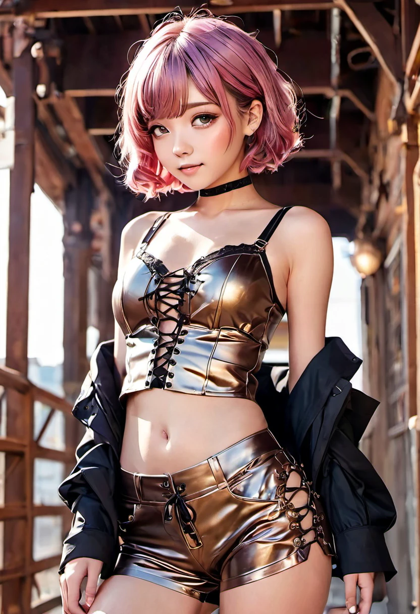 ((medium breast, small head)), daylight, sunlight, (perfect body : 1.1), (young), (short wavy hair : 1.2) , ( 2 color hair : 1.3), choker, full body shot, crowded street, ((wearing a pink see-through tight wet crop transparent camisole top)), ((miniskirt)), (extremely detailed CG 8k wallpaper), (an extremely delicate and beautiful), (masterpiece), (best quality:1.0), (ultra highres:1.0),  beautiful lighting ,stiff nipple, cameltoe, perfect lightning,pulling skirt, realistic shadows, [highres], detailed skin, ultra-detailed, spread thigh, one leg up, squatting on the floor, black thigh high, red high heels, large earring, thighs, (((colorful))), topless, beauty mark, angle from below