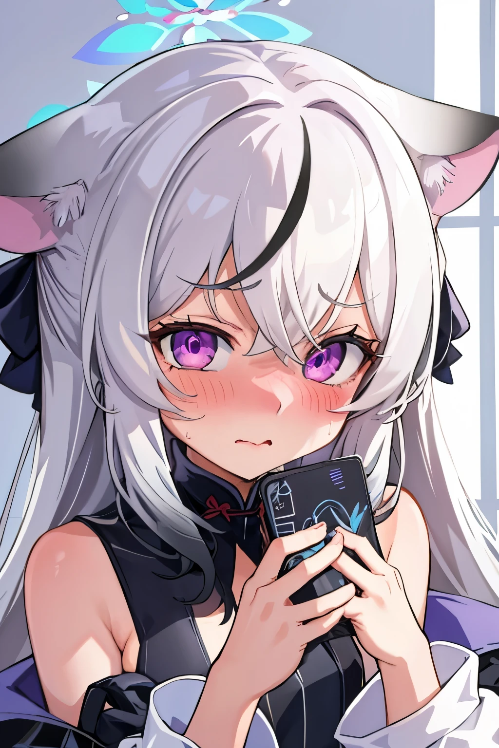 ((((1girl:1.5)))), white hair, red eyes, long hair, (collarbone:1.4), (2d, chibi, cute, cute, small , big eyes), skin color white, think about something, background/(in the room ,modern pink girl's room, bed, Soft mood lighting), a single rose