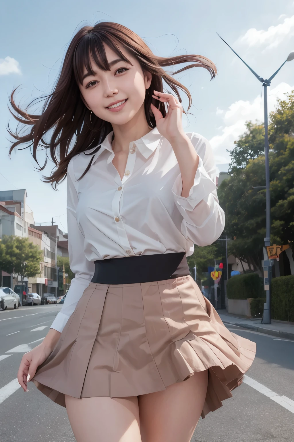 Female college student、No sleeve、Open chest、E Cup、Checked Skirt、すらっと伸びたthin脚、Long legs、Platform Sandals、short hair、Brown moderate hair、clear、thin、slim、thinウエスト、Beauty、looking at the camera、Walking around the city、Cute Smile、Summer sunshine、Emphasize the chest