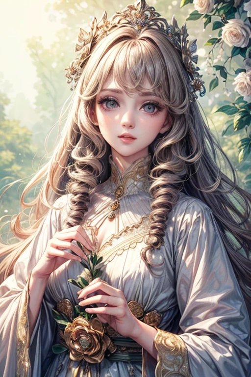 (highest quality,8k,CG),Upper body details,Lonely Girl,Floral forest background,Complex facial features,Elegant long curly hair,large almond-shaped eyes,,Detailed eye makeup,Long eyelashes,Twinkling Star,Exquisite lip detail,Soft and harmonious style.