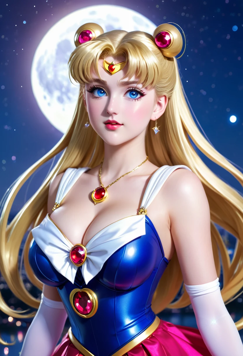 sailor moon, realistic, 1girl, (magical girl:1.4), long blonde hair, (blue eyes), (crystals, shimmer bokeh), sailor scout uniform, (huge breasts:1.25), cleavage, wide hips, small waist, collarbone, parted lips, makeup, blush, shiny skin, night, reflection, full moon, moonlight, rose

