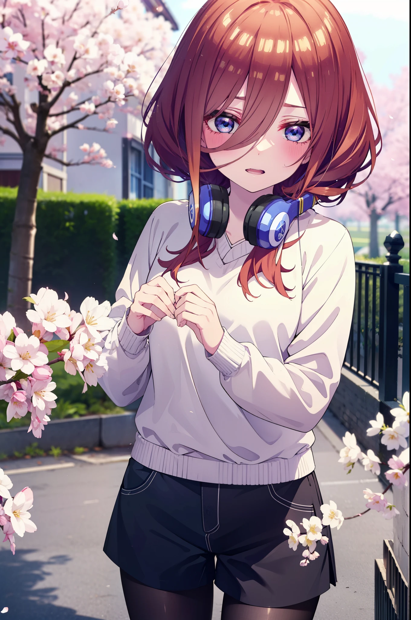 Miku Nakano, Miku Nakano, Long Hair, bangs, blue eyes, brown hair, shirt, Short braided hair,White headband,Hair between the eyes, smile,blush,Open your mouth,Headphones around neck,オーバサイズチェック柄shirt,Shorts,Black pantyhose,short boots,Cherry blossoms are blooming,Cherry blossoms are scattered,Cherry blossom tree-lined path,whole bodyがイラストに入るように,
break outdoors, garden,
break looking at viewer,whole body, (Cowboy Shot:1. 5)
break (masterpiece:1.2), highest quality, High resolution, unity 8k wallpaper, (figure:0.8), (Beautiful fine details:1.6), Highly detailed face, Perfect lighting, Highly detailed CG, (Perfect hands, Perfect Anatomy),