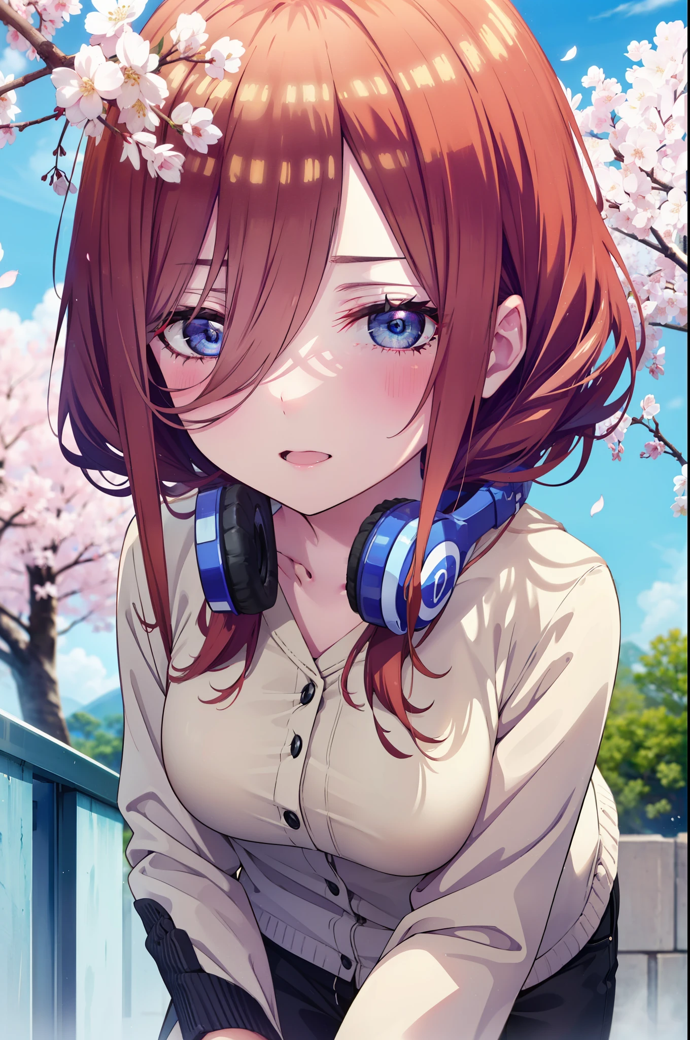 Miku Nakano, Miku Nakano, Long Hair, bangs, blue eyes, brown hair, shirt, Short braided hair,White headband,Hair between the eyes, smile,blush,Open your mouth,Headphones around neck,オーバサイズチェック柄shirt,Shorts,Black pantyhose,short boots,Cherry blossoms are blooming,Cherry blossoms are scattered,Cherry blossom tree-lined path,whole bodyがイラストに入るように,
break outdoors, garden,
break looking at viewer,whole body, (Cowboy Shot:1. 5)
break (masterpiece:1.2), highest quality, High resolution, unity 8k wallpaper, (figure:0.8), (Beautiful fine details:1.6), Highly detailed face, Perfect lighting, Highly detailed CG, (Perfect hands, Perfect Anatomy),