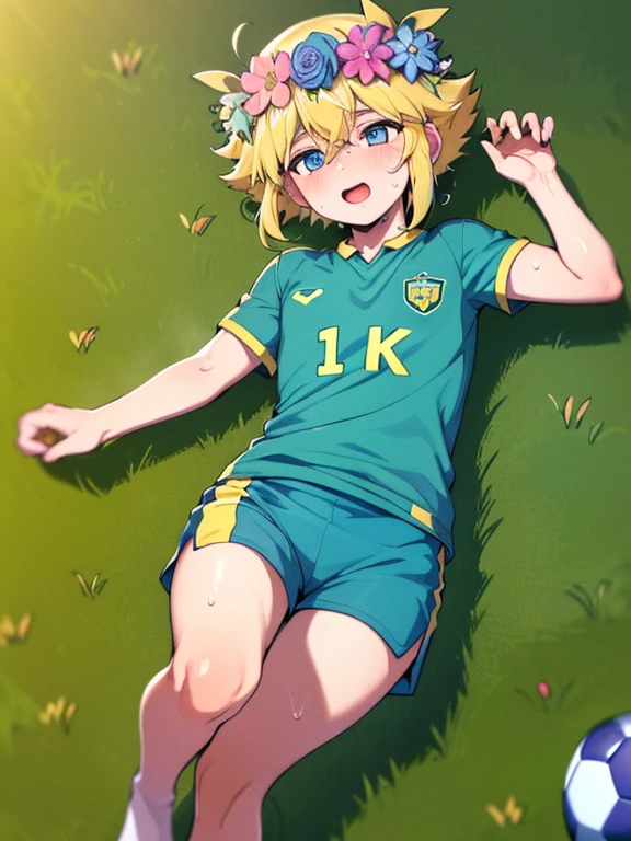 (best quality,4k,8k,highres,masterpiece:1.2),ultra-detailed,cute,blonde-haired boy with a head flower,green-haired boy with a head wreath, sweat, playing soccer, soccer uniform