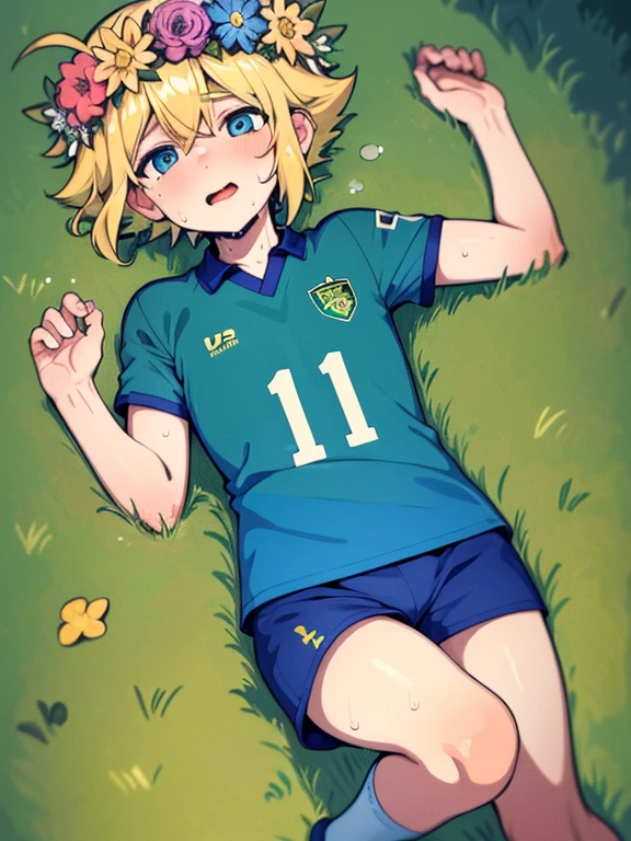 (best quality,4k,8k,highres,masterpiece:1.2),ultra-detailed,cute,blonde-haired boy with a head flower,green-haired boy with a head wreath, sweat, playing soccer, soccer uniform