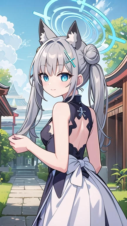 shiroko_bluearchive,beast ears,from behind,turn around, one girl with long twintail bun hair, skirtlift,looking at viewer, little smile,pure white chinese dress, flower pattern, sleeveless, outdoor, festival, temple, slim, dizzy, big-chest, wide hips, perfect waist, day atmosphere, hair ornament, standing, upper body,